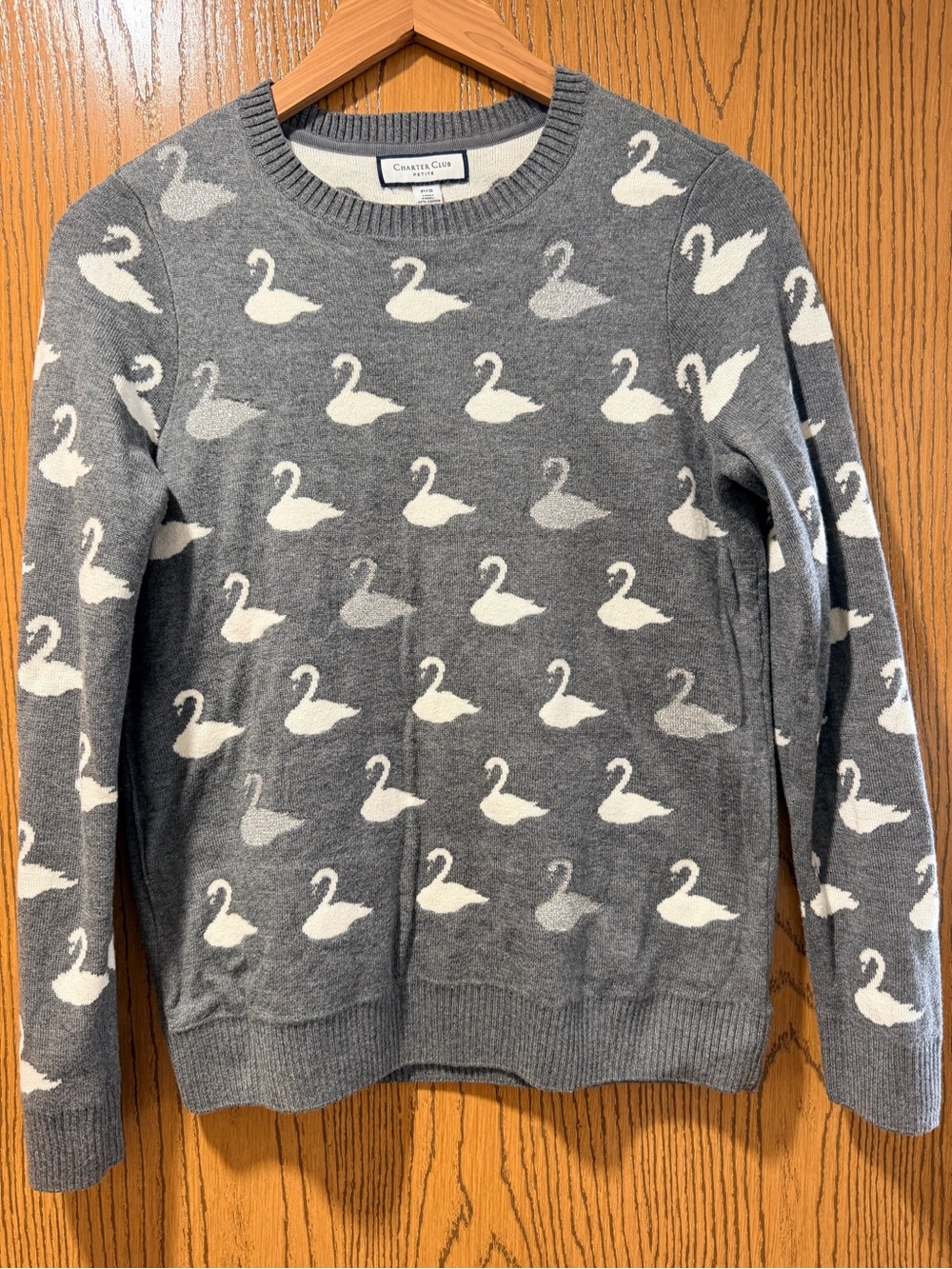 Charter Club Petite Swan Print Sweater Small Gray Ivory Metallic Long Sleeve